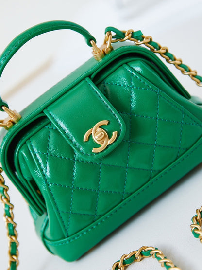 CC 24A Mini Top Handle 13cm Green Wax Leather Gold Hardware 238465
