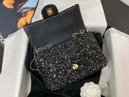 25C Flap Bag 20cm Black Polka Dot Silver Sequin Calfskin
