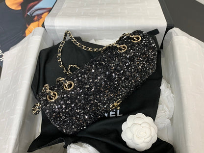 25C Flap Bag 20cm Black Polka Dot Silver Sequin Calfskin