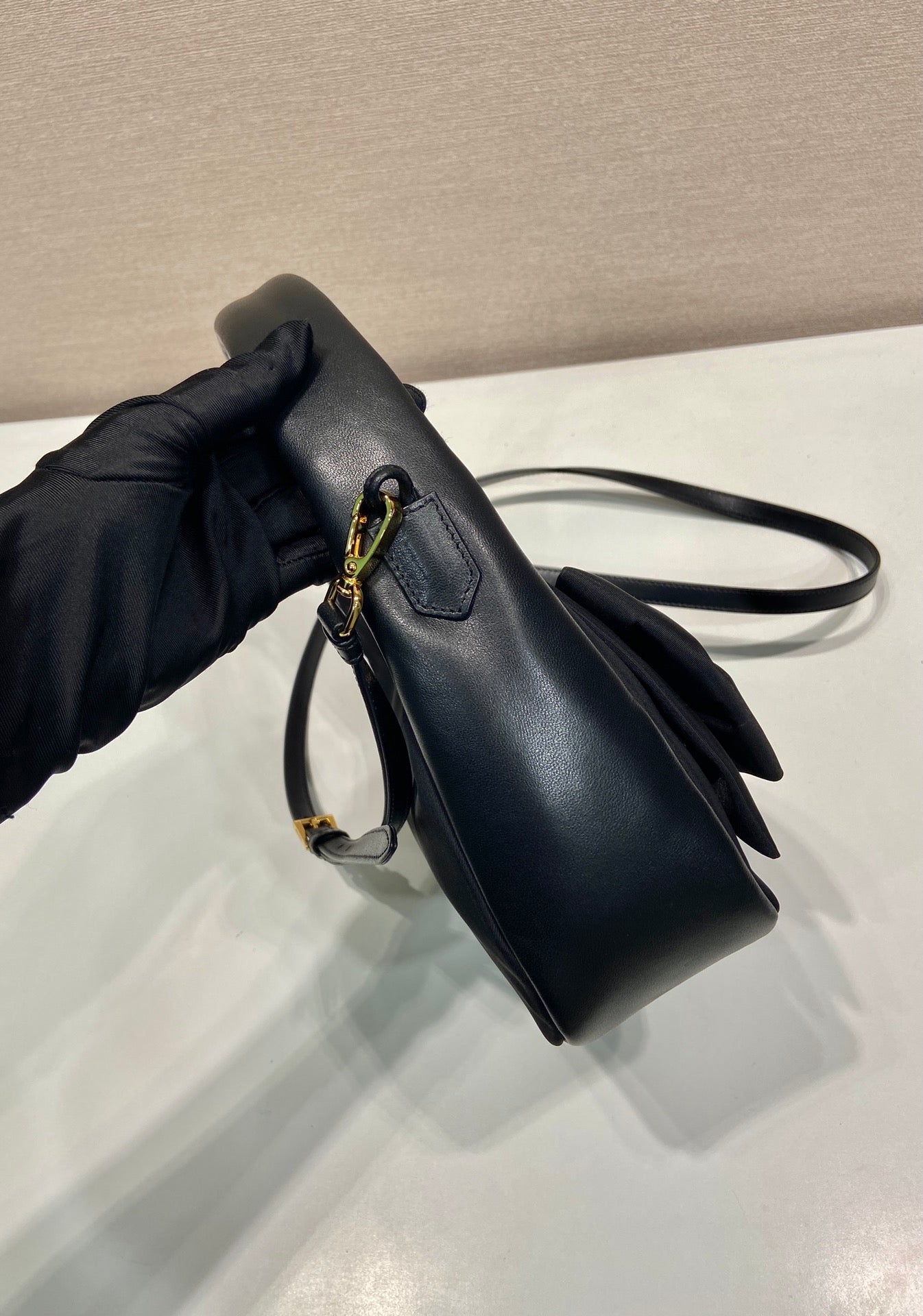 BOW HOBO BAG 22 IN BLACK RE-NYLON AND LAMBSKIN
