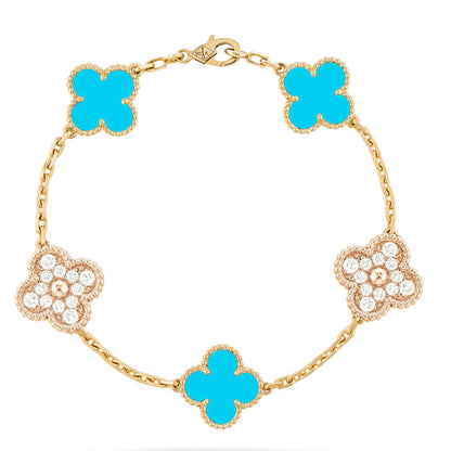 BRACELET DIANA CLOVER 5 MOTIF TURQUOISE DIAMANT OR