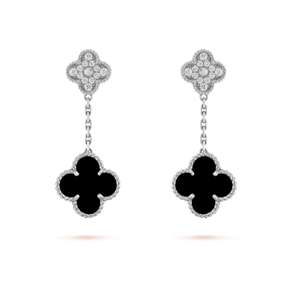 CLOVER 2 MOTIFS  DIAMOND ONYX EARRINGS SILVER