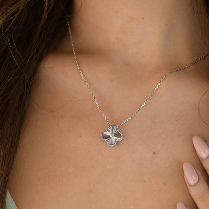 DIANA CLOVER  15MM DIAMOND LASER NECKLACE SILVER