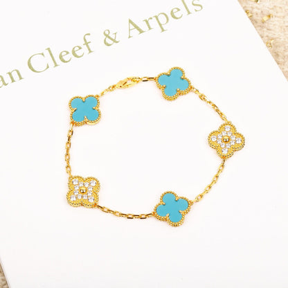 BRACELET DIANA CLOVER 5 MOTIF TURQUOISE DIAMANT OR