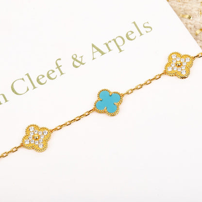 BRACELET DIANA CLOVER 5 MOTIF TURQUOISE DIAMANT OR