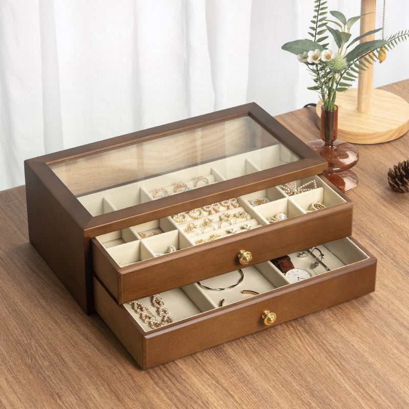 COFFRET À BIJOUX EN BOIS MASSIF DE HAUTE QUALITÉ BOÎTE DE RANGEMENT EN VERRE TRANSPARENT