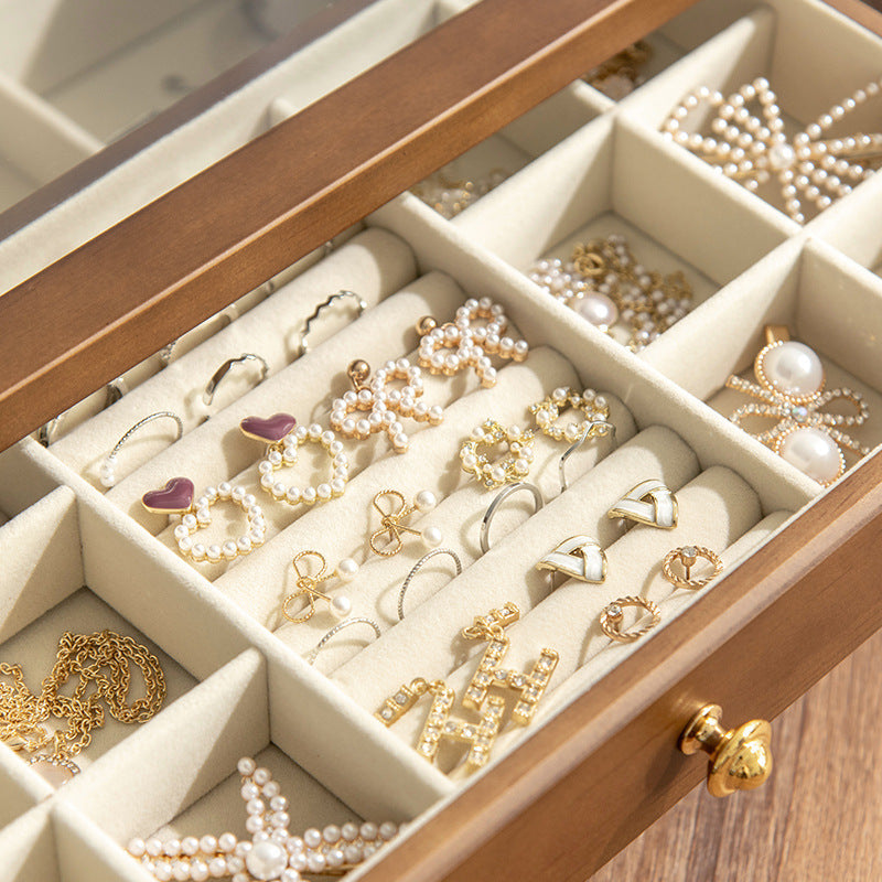 COFFRET À BIJOUX EN BOIS MASSIF DE HAUTE QUALITÉ BOÎTE DE RANGEMENT EN VERRE TRANSPARENT