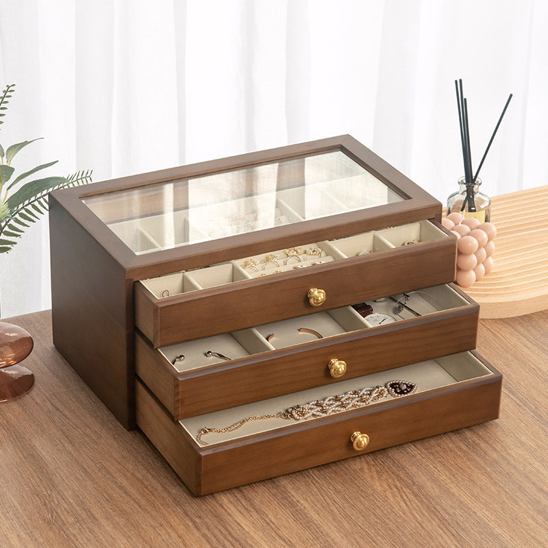 COFFRET À BIJOUX EN BOIS MASSIF DE HAUTE QUALITÉ BOÎTE DE RANGEMENT EN VERRE TRANSPARENT