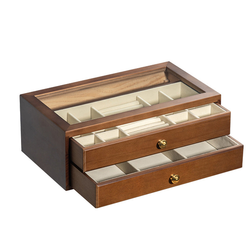 COFFRET À BIJOUX EN BOIS MASSIF DE HAUTE QUALITÉ BOÎTE DE RANGEMENT EN VERRE TRANSPARENT