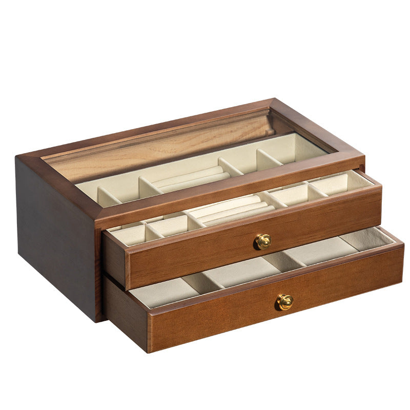 COFFRET À BIJOUX EN BOIS MASSIF DE HAUTE QUALITÉ BOÎTE DE RANGEMENT EN VERRE TRANSPARENT