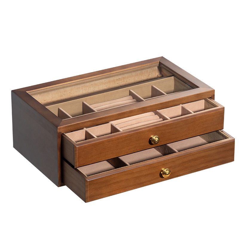 COFFRET À BIJOUX EN BOIS MASSIF DE HAUTE QUALITÉ BOÎTE DE RANGEMENT EN VERRE TRANSPARENT