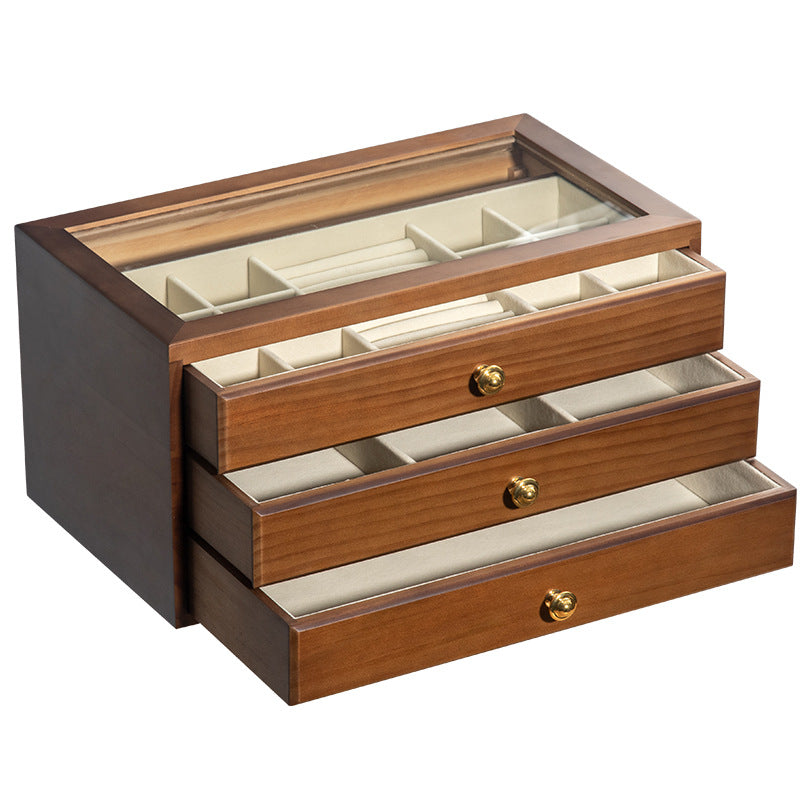 COFFRET À BIJOUX EN BOIS MASSIF DE HAUTE QUALITÉ BOÎTE DE RANGEMENT EN VERRE TRANSPARENT