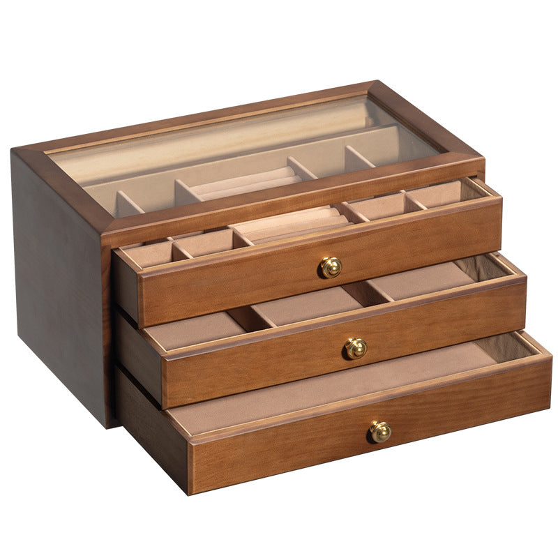 COFFRET À BIJOUX EN BOIS MASSIF DE HAUTE QUALITÉ BOÎTE DE RANGEMENT EN VERRE TRANSPARENT