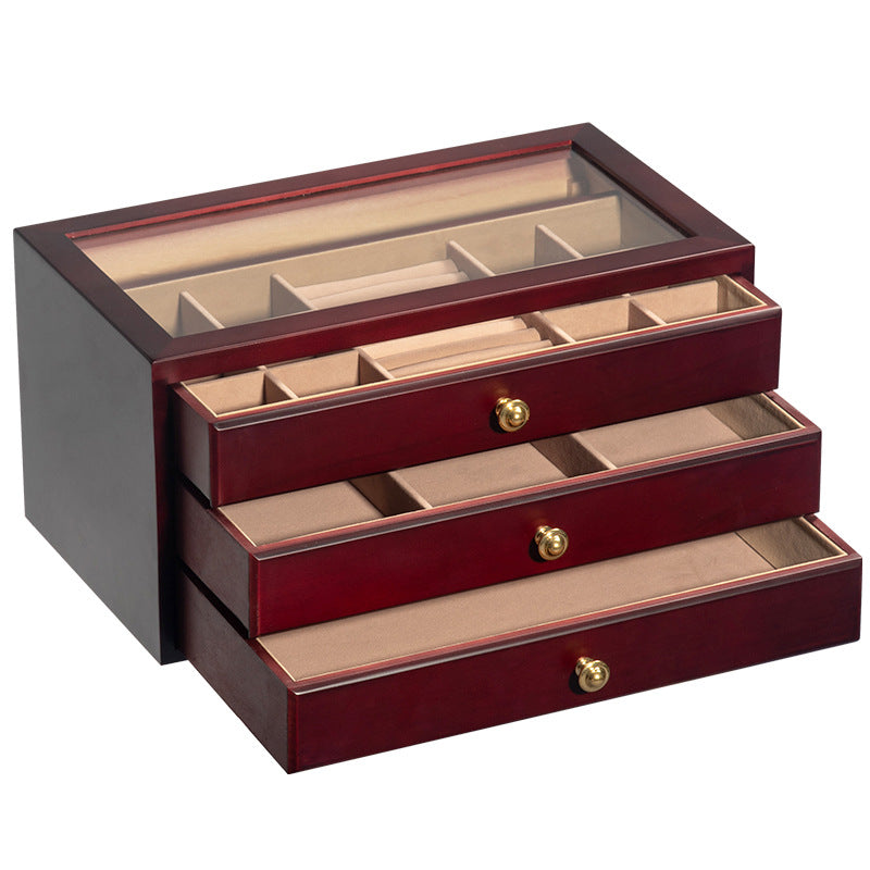 COFFRET À BIJOUX EN BOIS MASSIF DE HAUTE QUALITÉ BOÎTE DE RANGEMENT EN VERRE TRANSPARENT