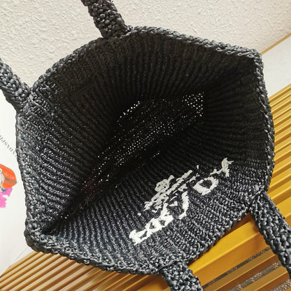 crochet tote bag 40cm black raffia