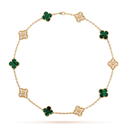 CLOVER 10 MOTIFS MALACHITE DIAMOND NECKLACE