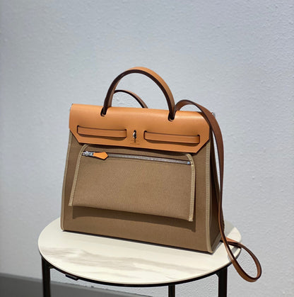 Herbag 31 Toile Brown Canvas Gold Cowhide Leather