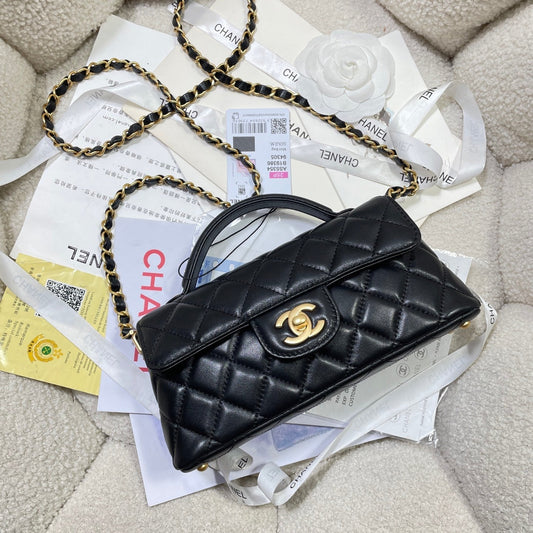 CC 25P Mini Flap Bag 22cm Top Handle Black Calfskin Gold Hardware