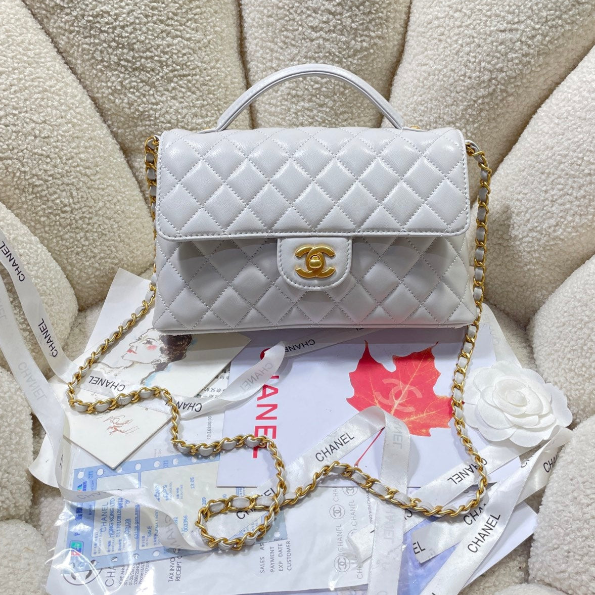 CC 25P Medium Flap Bag 25cm Top Handle Grey Calfskin Gold Hardware