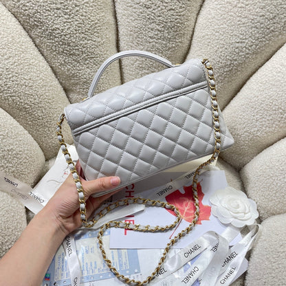 CC 25P Medium Flap Bag 25cm Top Handle Grey Calfskin Gold Hardware