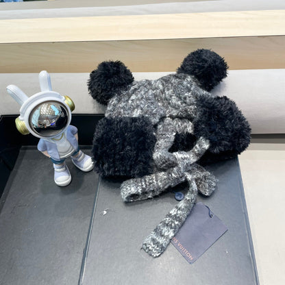 KNITTED BEANIE HAT IN BLACK MIX GRAY WOOL WITH CUTE BEAR EARS 422498