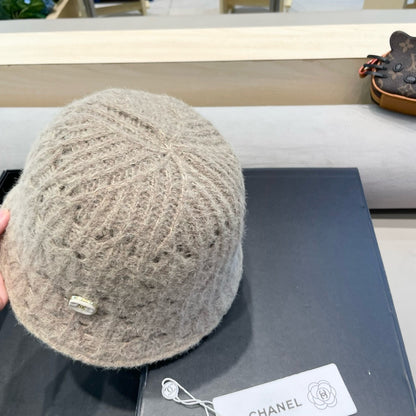 BUCKET HAT KHAKI BROWN KNITTED FABRIC WITH RABBIT FUR 428091