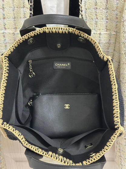 CC Deauville Tote Bag 32cm Beige Black Cotton Crochet Leather Handles