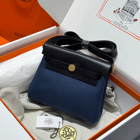 HM Mini Herbag Gold Buckle 20 Navy Blue Canvas and Hunter Cowhide 243255