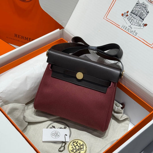 HM Mini Herbag Gold Buckle 20 Burgundy Canvas and Hunter Cowhide 243365