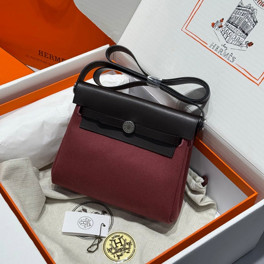 HM Mini Herbag Silver Buckle 20 Burgundy Canvas and Hunter Cowhide 243250