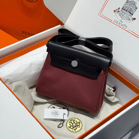 HM Mini Herbag Silver Buckle 20 Burgundy Canvas and Hunter Cowhide 243370