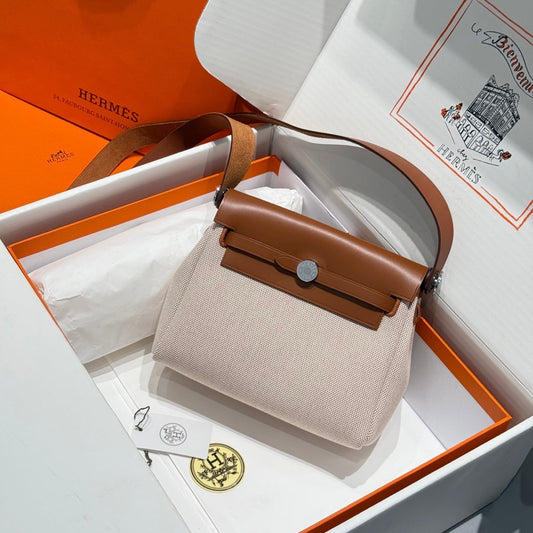 HM Mini Herbag Silver Buckle 20 Beige Canvas and Hunter Cowhide 243216
