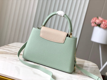 capucines mm 31.5 green beige taurillon leather gold hardware