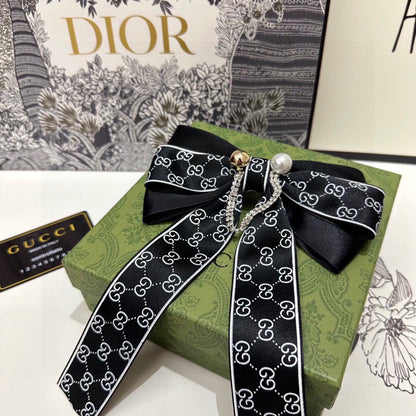 RIBBON BOW HAIR CLIP IN BLACK RE-NYLON ATTACHED PEARL 358260