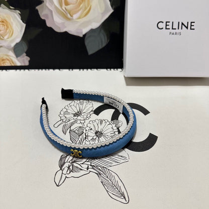BRIGHT BLUE DENIM FABRIC HAIRBAND WITH PEARL CHAIN 400482
