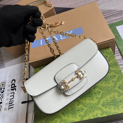 DIAMOND HORSEBIT SHOULDER BAG 24 IN WHITE CALFSKIN GOLD HARDWARE