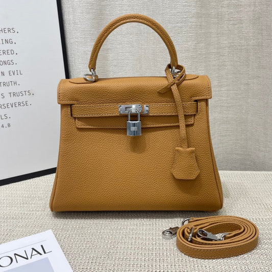 HM Kelly 25cm Brown Togo Leather Silver Hardware