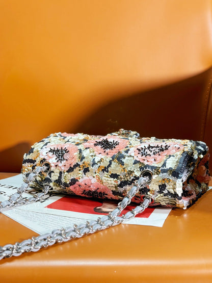24S Flap Bag 25.5cm Multicolor Sequin Pink Flower Pearl Caflskin