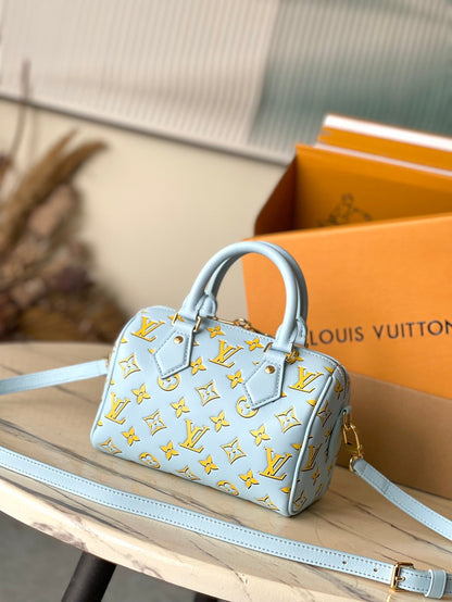 SPEEDY BANDOULI¨¨RE 20 IN SKY YELLOW MONOGRAM CALFSKIN GOLD BUCKLE