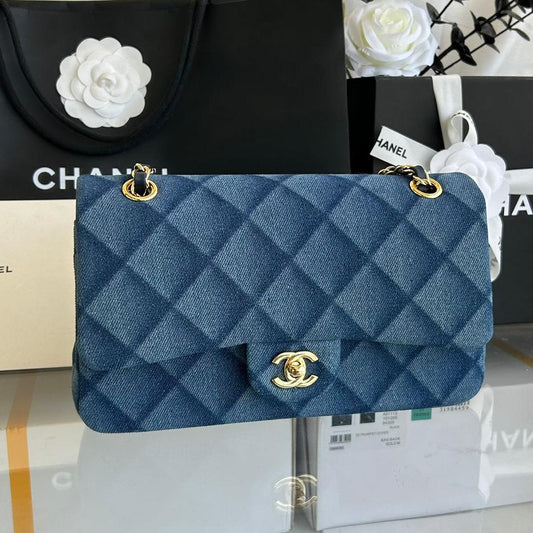 MINI FLAP BAG 20 IN CLASSIC BLUE DENIM GOLD HARDWARE