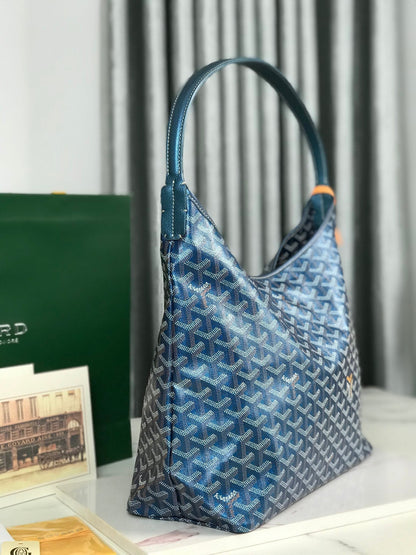 Boh¨¨me Hobo Bag 42cm Deep Blue Canvas Chevroches Calfskin