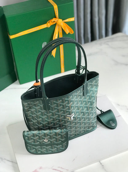 ANJOU MINI BAG 20 IN GREEN CALFSKIN AND GOYARDINE CANVAS