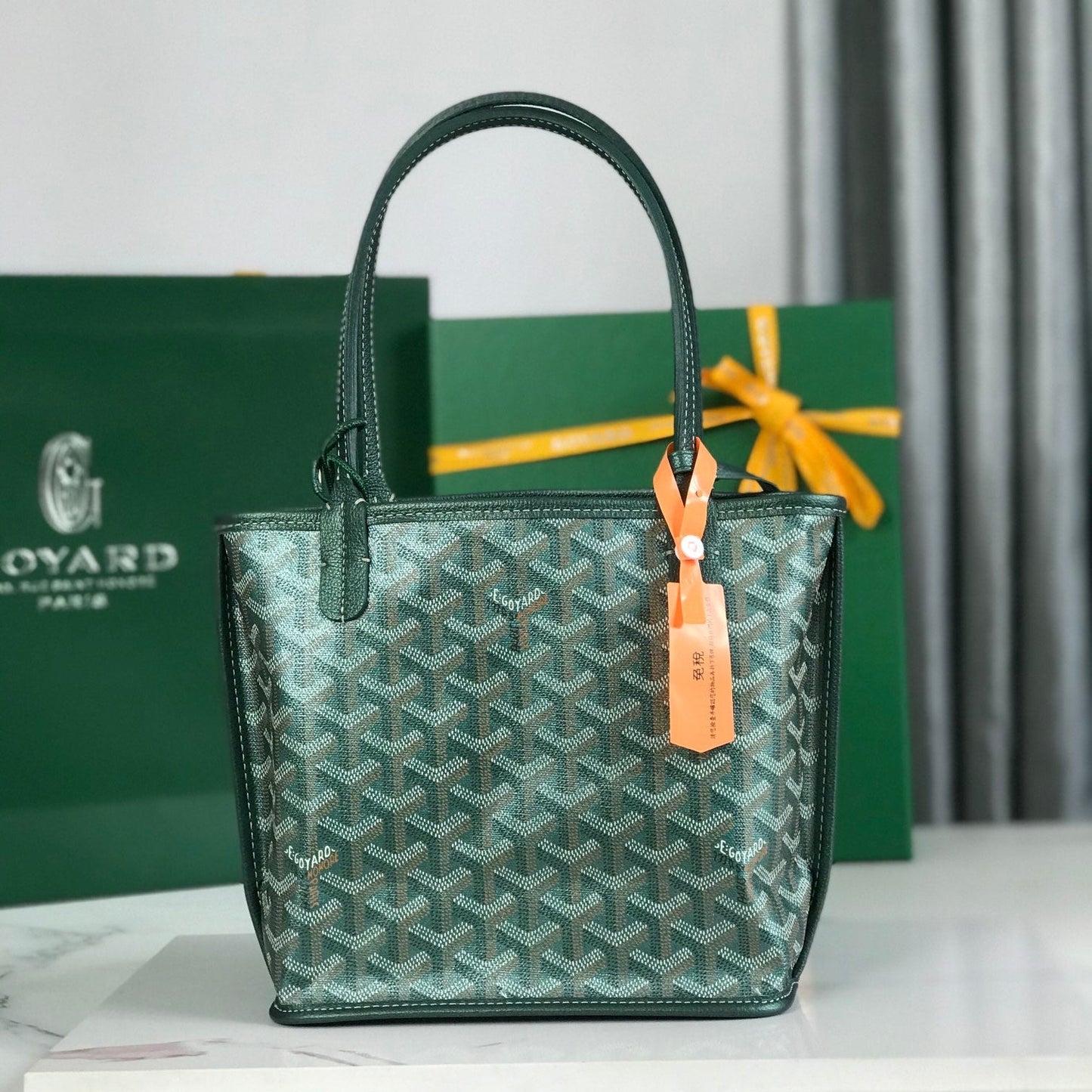 ANJOU MINI BAG 20 IN GREEN CALFSKIN AND GOYARDINE CANVAS