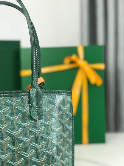 ANJOU MINI BAG 20 IN GREEN CALFSKIN AND GOYARDINE CANVAS