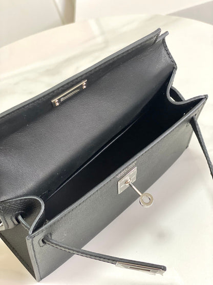 HM Mini Kelly 19cm Black Epsom Silver Hardware
