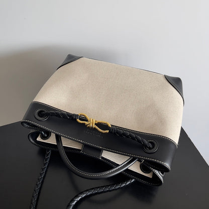 BV Medium Andiamo 32 In Beige Canvas Black Calfskin 209020