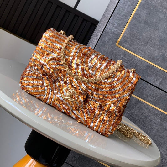 Flap Bag Mini 20cm Beige Calfskin Gold Bronze Sequin