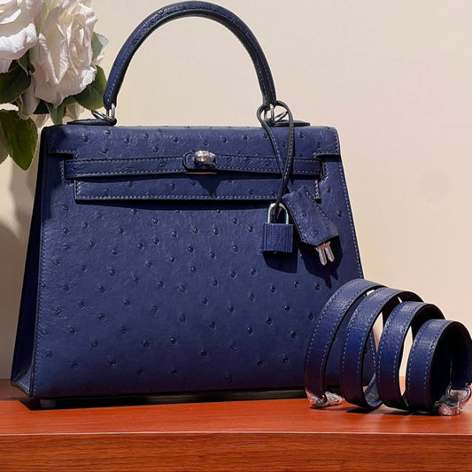 KELLY SELLIER 25 BAG IN NAVY BLUE OSTRICH LEATHER WITH SILVER HARDWARE (MADE - TO - ODER)
