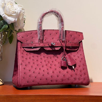 KELLY SELLIER 25 BAG IN CURRANT RED OSTRICH LEATHER WITH SILVER HARDWARE (MADE - TO - ODER)