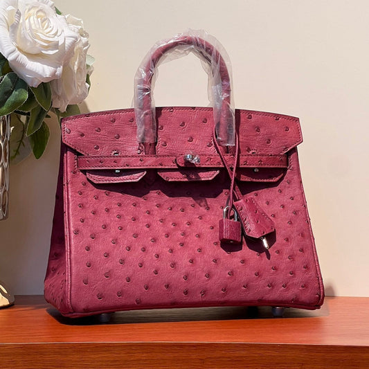 KELLY SELLIER 25 BAG IN CURRANT RED OSTRICH LEATHER WITH SILVER HARDWARE (MADE - TO - ODER)